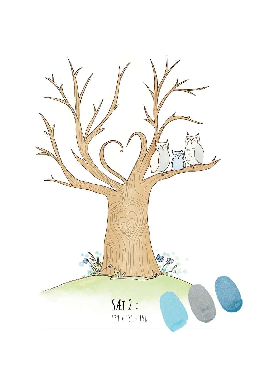 Fingeraftryks plakat sæt | Hjertetræ med blå ugle Sæt 2 (Blå ugle)