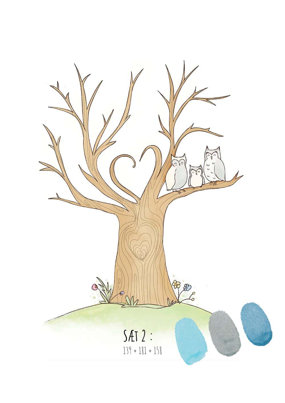 Fingeraftryks plakat sæt | Hjertetræ med grå ugle Sæt 2 (Grå ugle)