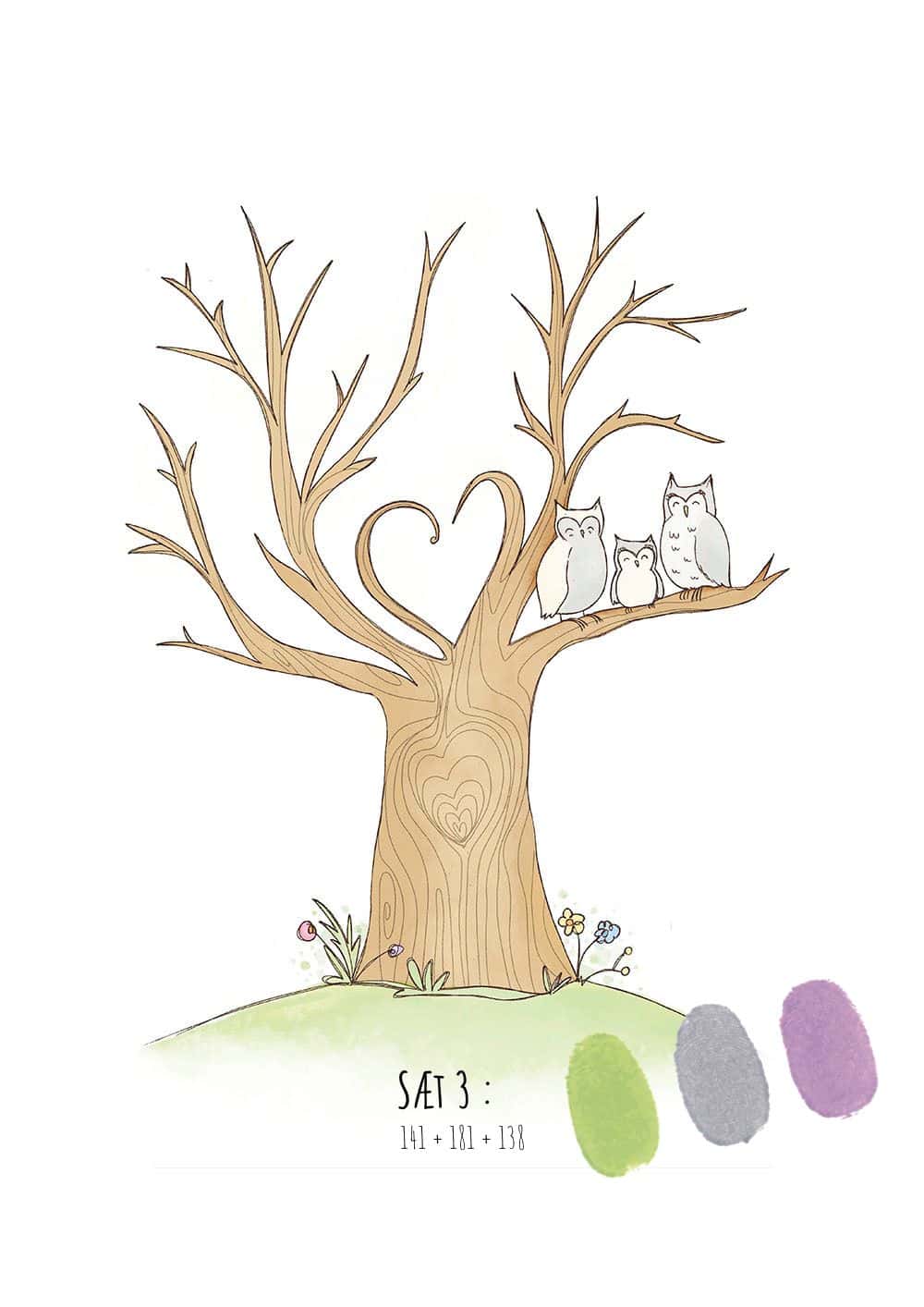 Fingeraftryks plakat sæt | Hjertetræ med grå ugle Sæt 3 (Grå ugle)