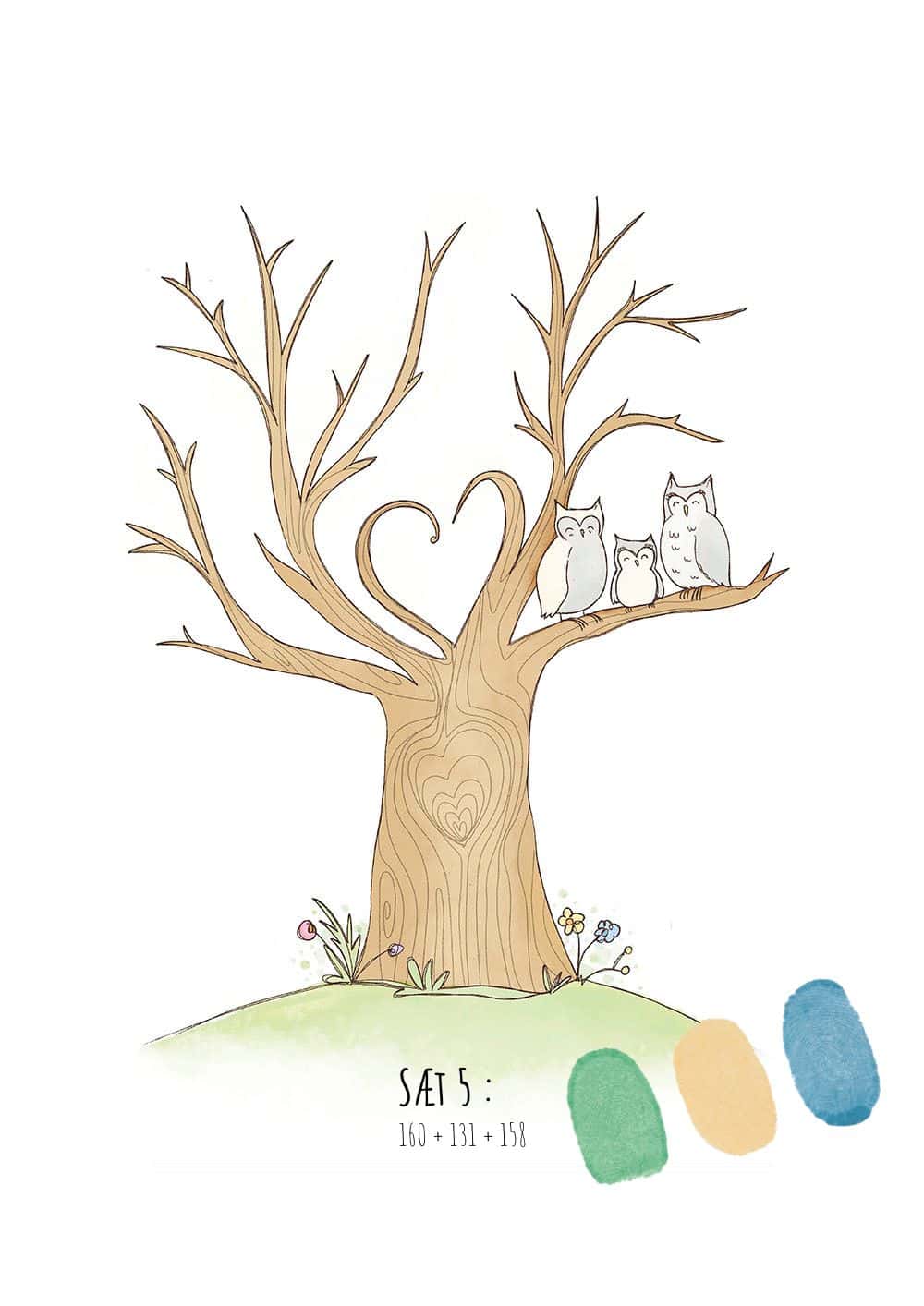 Fingeraftryks plakat sæt | Hjertetræ med grå ugle Sæt 5 (Grå ugle)