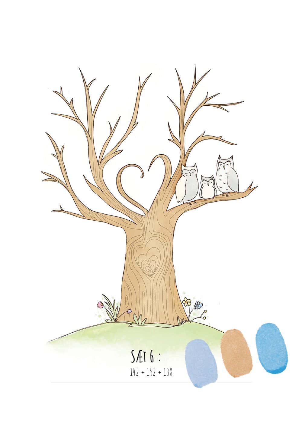 Fingeraftryks plakat sæt | Hjertetræ med grå ugle Sæt 6 (Grå ugle)